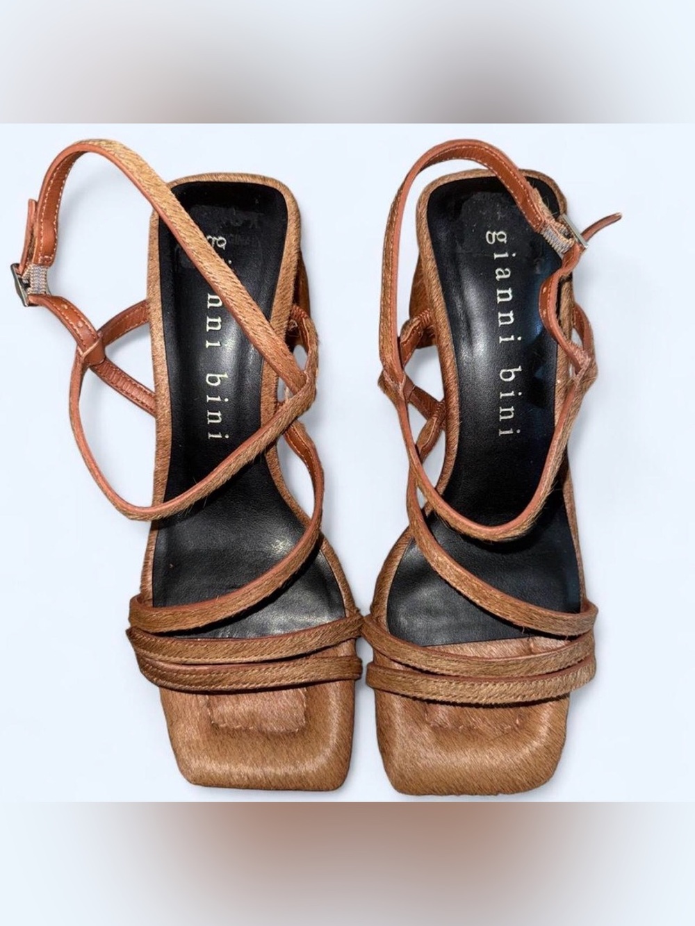 Gianni Bini Cow Fur Strappy Square-Toe Heels